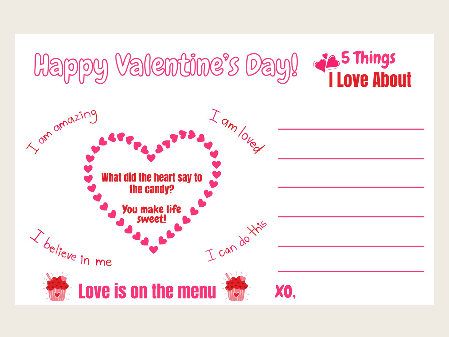 Valentine’s Day Love & Confidence Placemat for Kids - Instant Download