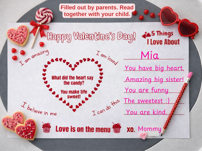 Valentine’s Day Love & Confidence Placemat for Kids - Instant Download